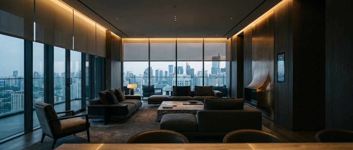 Luxury smart home interior at dusk — architectural light and integrated technology by Advanced Connected Technologies